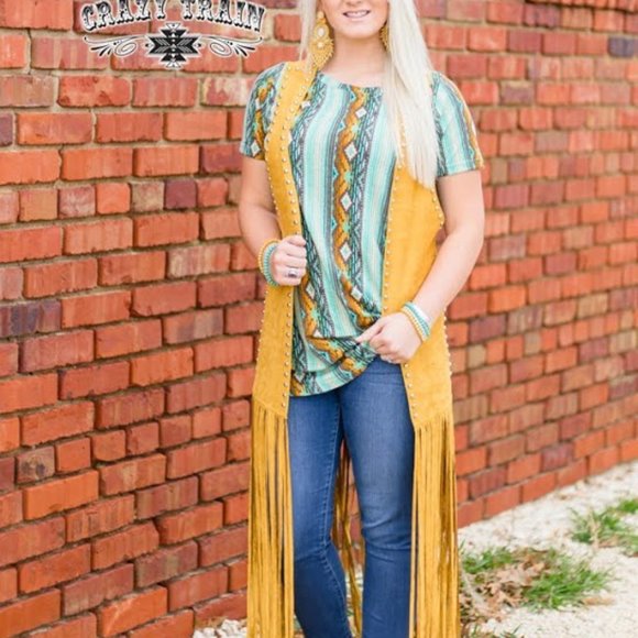 Mustard Studded Fringe Duster - Plus Size - Picture 3 of 3